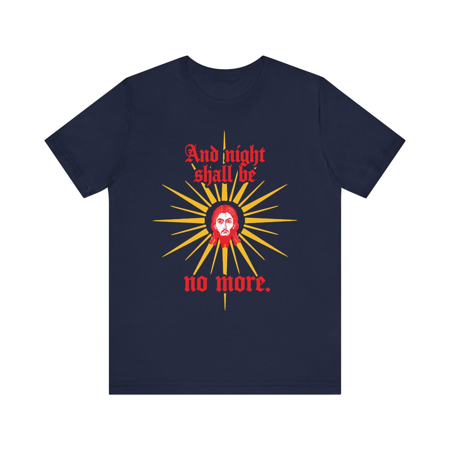 Navy unisex tee featuring Jesus Christ Mandylion icon, Gothic text "And night shall be no more" (Rev 22:5). Lightweight cotton Orthodox Christian shirt—reminding us of the true Light and eternal rest.