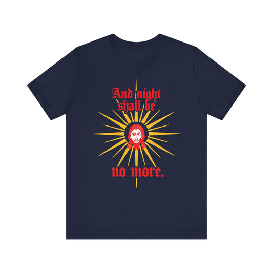 Navy unisex tee featuring Jesus Christ Mandylion icon, Gothic text "And night shall be no more" (Rev 22:5). Lightweight cotton Orthodox Christian shirt—reminding us of the true Light and eternal rest.