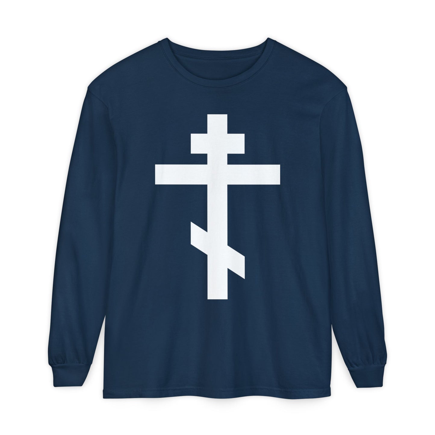 Navy blue long-sleeve shirt with a large white Orthodox Cross and the message: "May I never boast, except in the cross of our Lord Jesus Christ" (Gal 6:14) on the front, symbolizing faith and salvation.