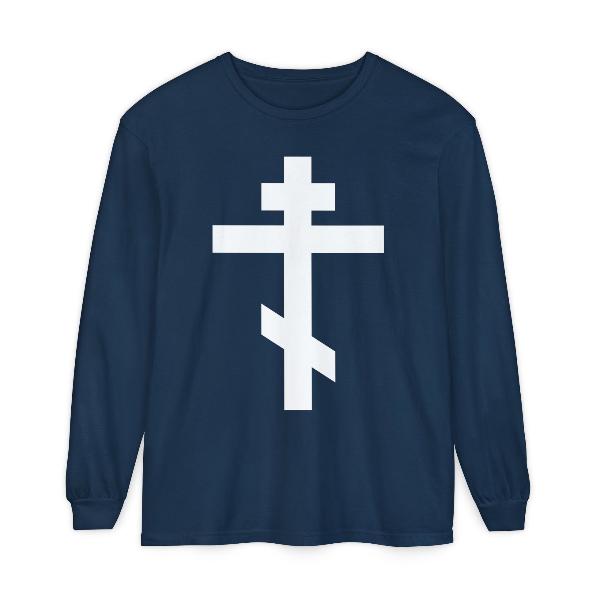 Navy blue long-sleeve shirt with a large white Orthodox Cross and the message: "May I never boast, except in the cross of our Lord Jesus Christ" (Gal 6:14) on the front, symbolizing faith and salvation.