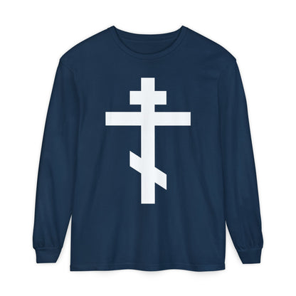 Navy blue long-sleeve shirt with a large white Orthodox Cross and the message: "May I never boast, except in the cross of our Lord Jesus Christ" (Gal 6:14) on the front, symbolizing faith and salvation.