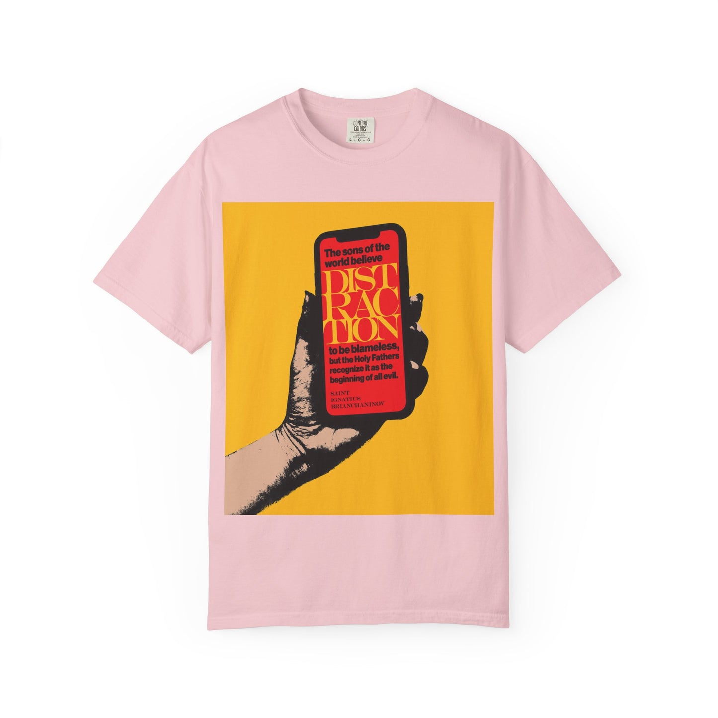 Blossom-colored heavyweight cotton unisex tee titled “Distraction is the Beginning of All Evil (St Ignatius Brianchaninov) | Mobile Phone Addiction,” featuring a graphic of a hand holding a phone with red and yellow text on the screen, inspired by insights from St Ignatius Brianchaninov’s “The Field,” a classic among the Holy Fathers.