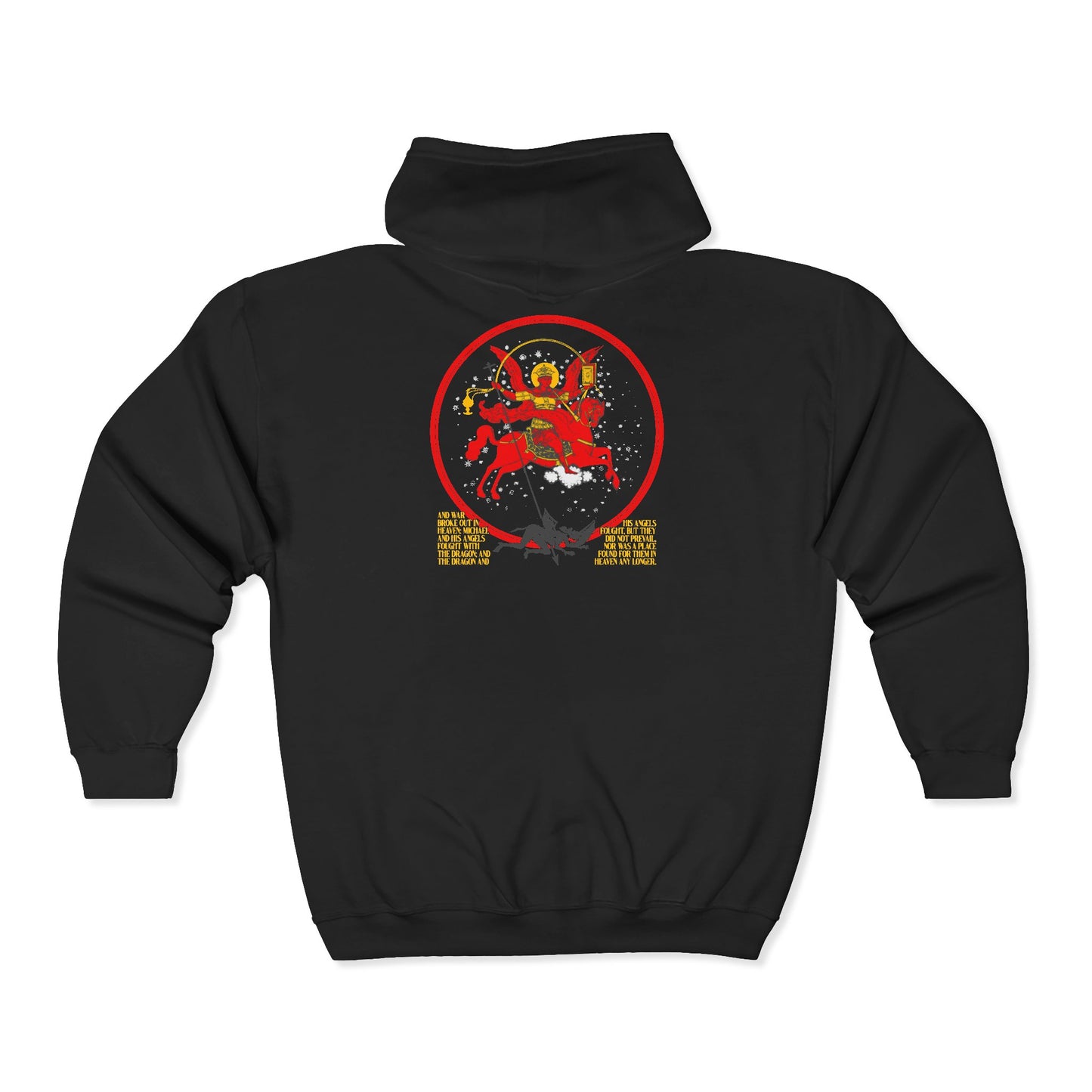 Archangel Michael of the Apocalypse Icono-Graphic BACK | War in Heaven (Rev 12:7-9) | Satan Cast Out | Orthodox Zipper Hoodie