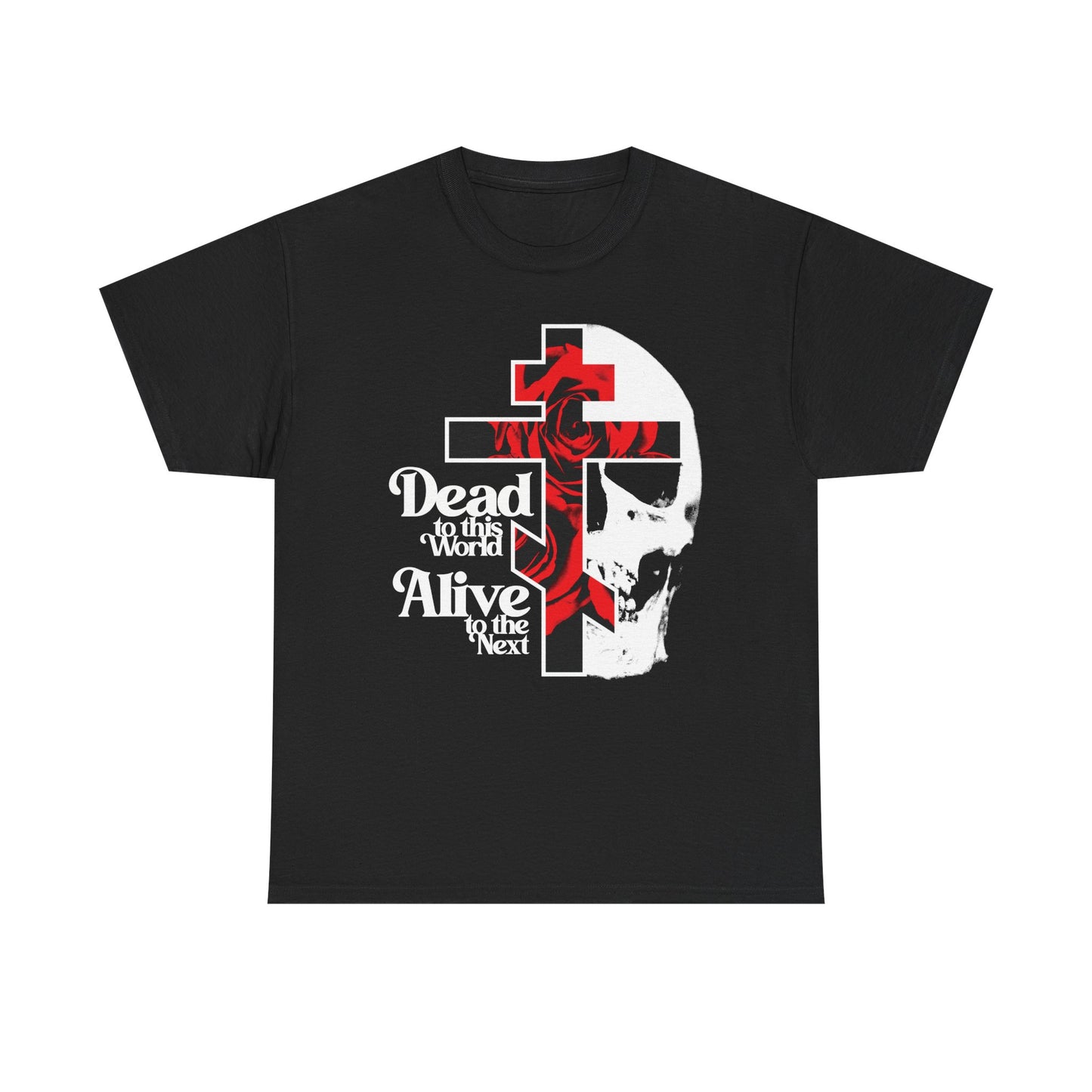 Black "Dead to this World" t-shirt featuring a cross, red rose, skull, and 70s Orthodox Christian goth design. Bestselling heavy cotton—perfect for those who renounce the world in style.