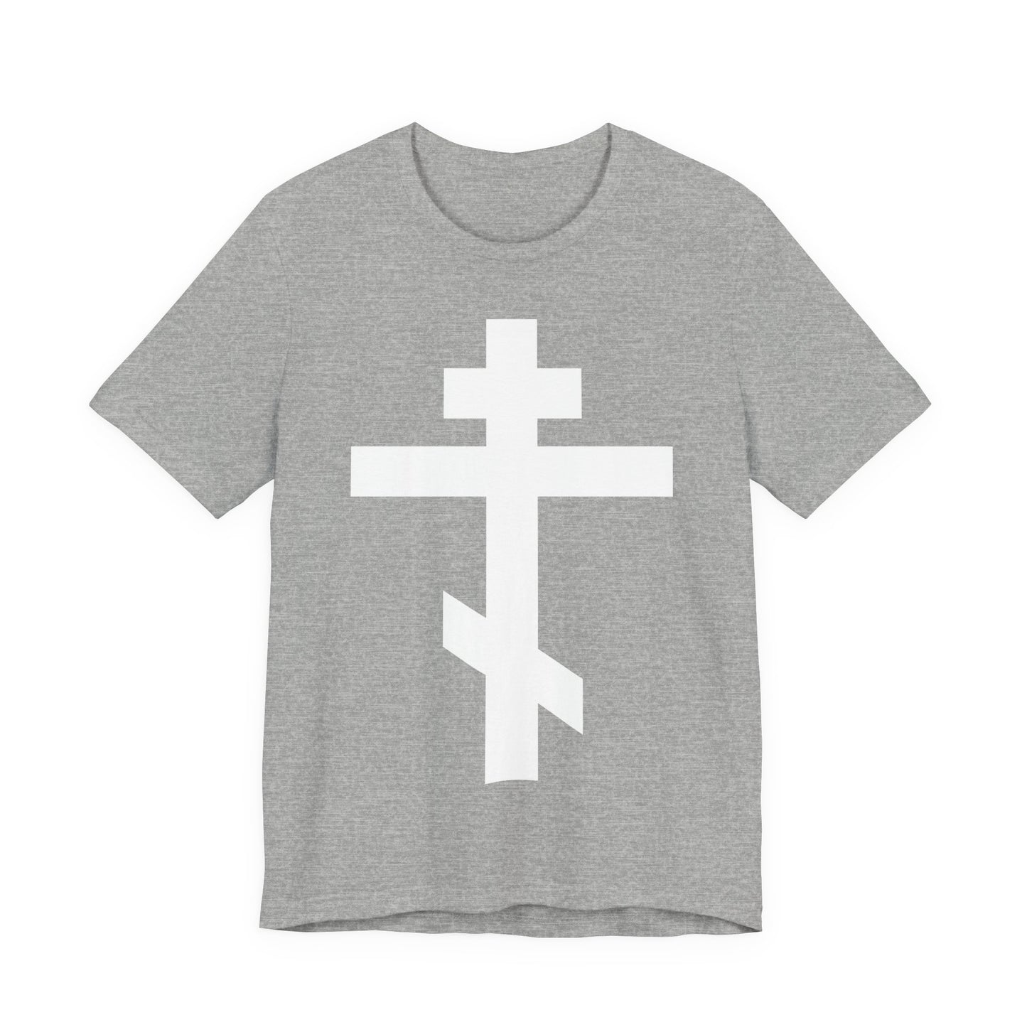 Athletic Heather unisex tee featuring a large white Orthodox cross and the quote “May I never boast, except in the cross of our Lord Jesus Christ” (Gal 6:14), symbolizing salvation and Christ’s sacrifice.