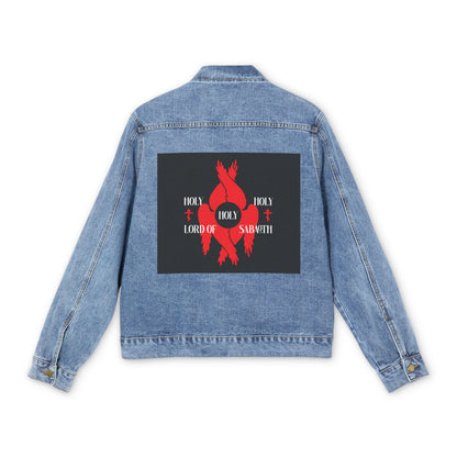 Medium denim wash Christian jean jacket featuring red seraphim wings, Orthodox crosses, and "Holy Holy Holy Lord of Sabaoth" text, inspired by Isaiah 6:3 and the Divine Council.