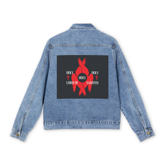 Medium denim wash Christian jean jacket featuring red seraphim wings, Orthodox crosses, and "Holy Holy Holy Lord of Sabaoth" text, inspired by Isaiah 6:3 and the Divine Council.