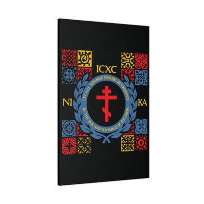 Let All Adverse Powers Be Crushed (Red, Yellow & Blue Design) | ICXC NIKA | Medieval Tile Design | Orthodox Christian Canvas Art