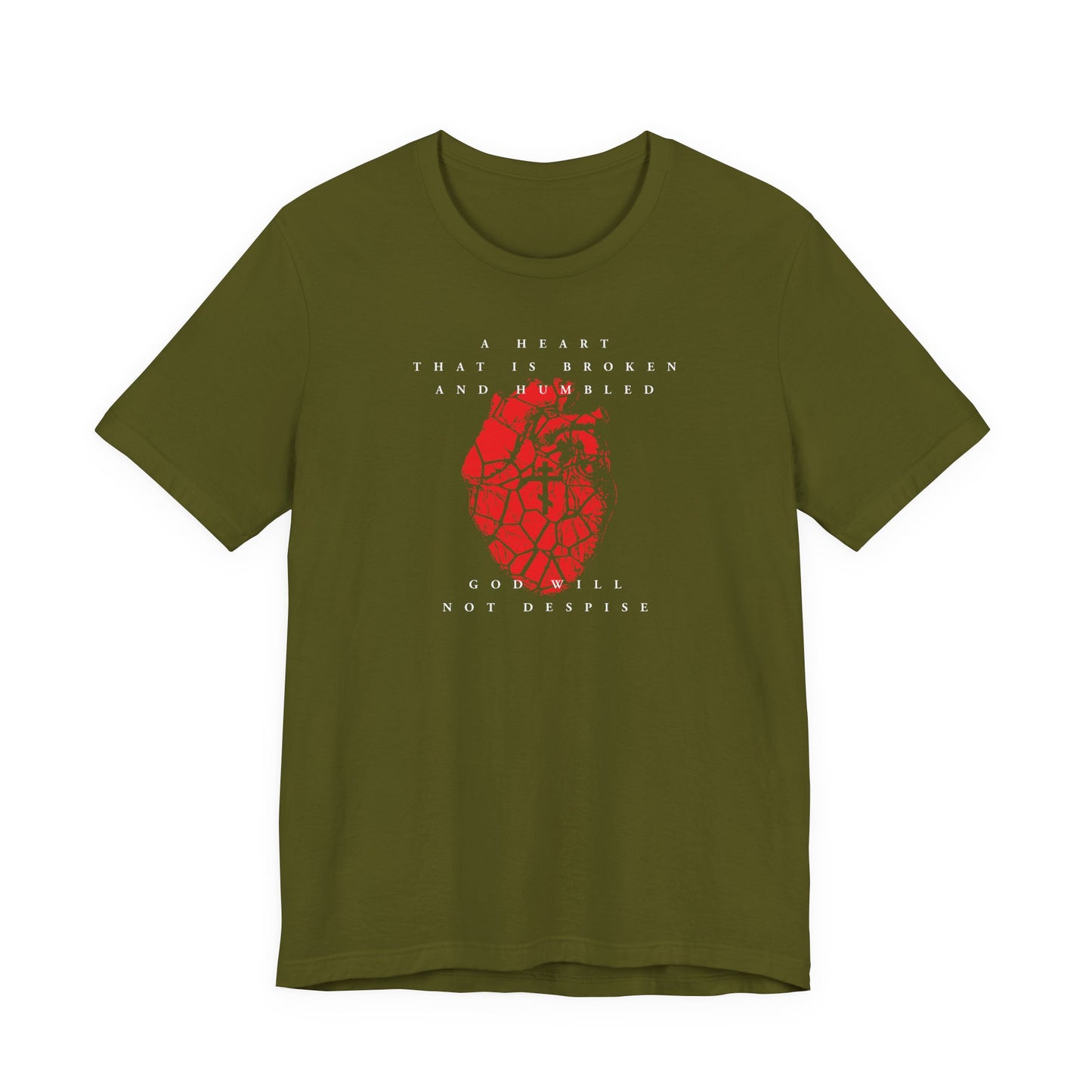 Olive unisex cotton T-shirt featuring a cracked heart with Orthodox cross and the text: "A heart that is broken and humbled God will not despise." Inspired by Psalm 50, this shirt expresses repentance and a prayer for forgiveness.