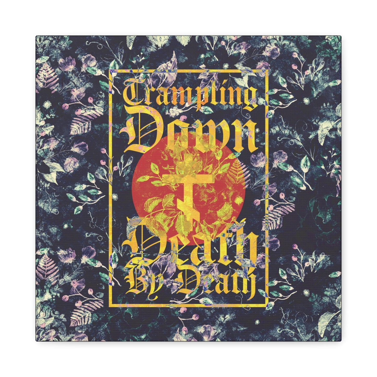 Trampling Down Death By Death | Paschal Floral Design with Gothic Script and Three-Bar Cross | Orthodox Christian Canvas Art