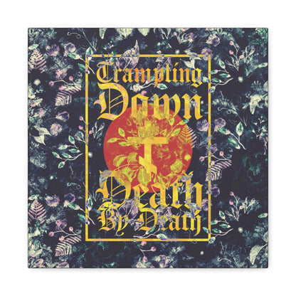 Trampling Down Death By Death | Paschal Floral Design with Gothic Script and Three-Bar Cross | Orthodox Christian Canvas Art