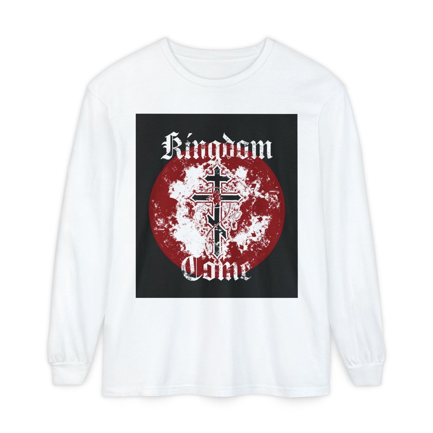 Kingdom Come | Lord's Prayer | Orthodox Cross with Vine | Textured Gothic Font | Orthodox Long Sleeve Cotton Shirt