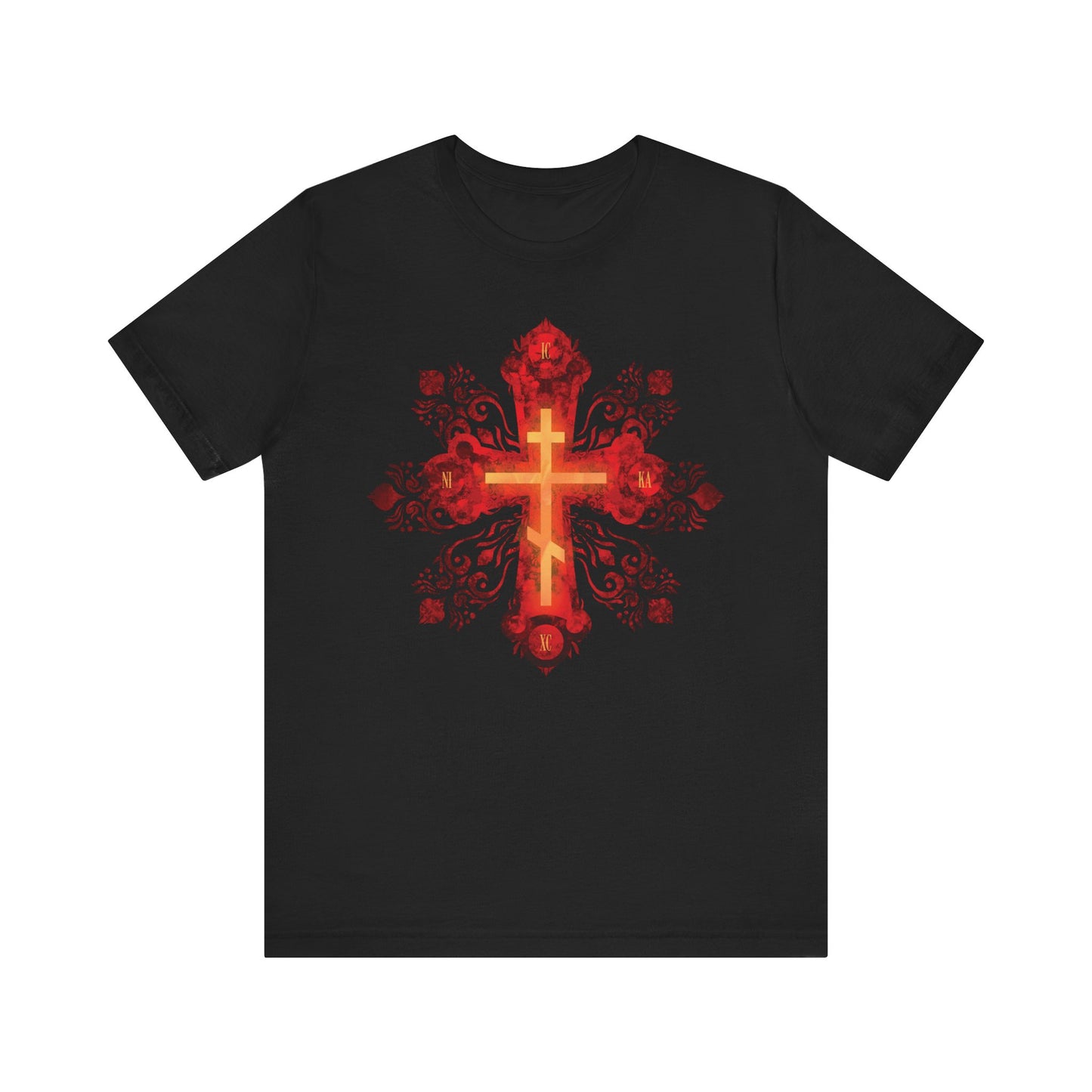 Black unisex tee featuring a red and gold ornate Russian-style Orthodox cross with "He was pierced for our transgressions," on lightweight cotton—symbolizing faith and the journey to a heavenly homeland.