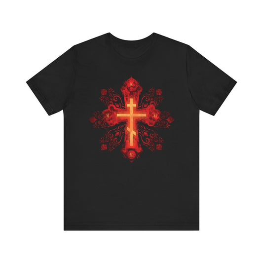 Black unisex tee featuring a red and gold ornate Russian-style Orthodox cross with "He was pierced for our transgressions," on lightweight cotton—symbolizing faith and the journey to a heavenly homeland.