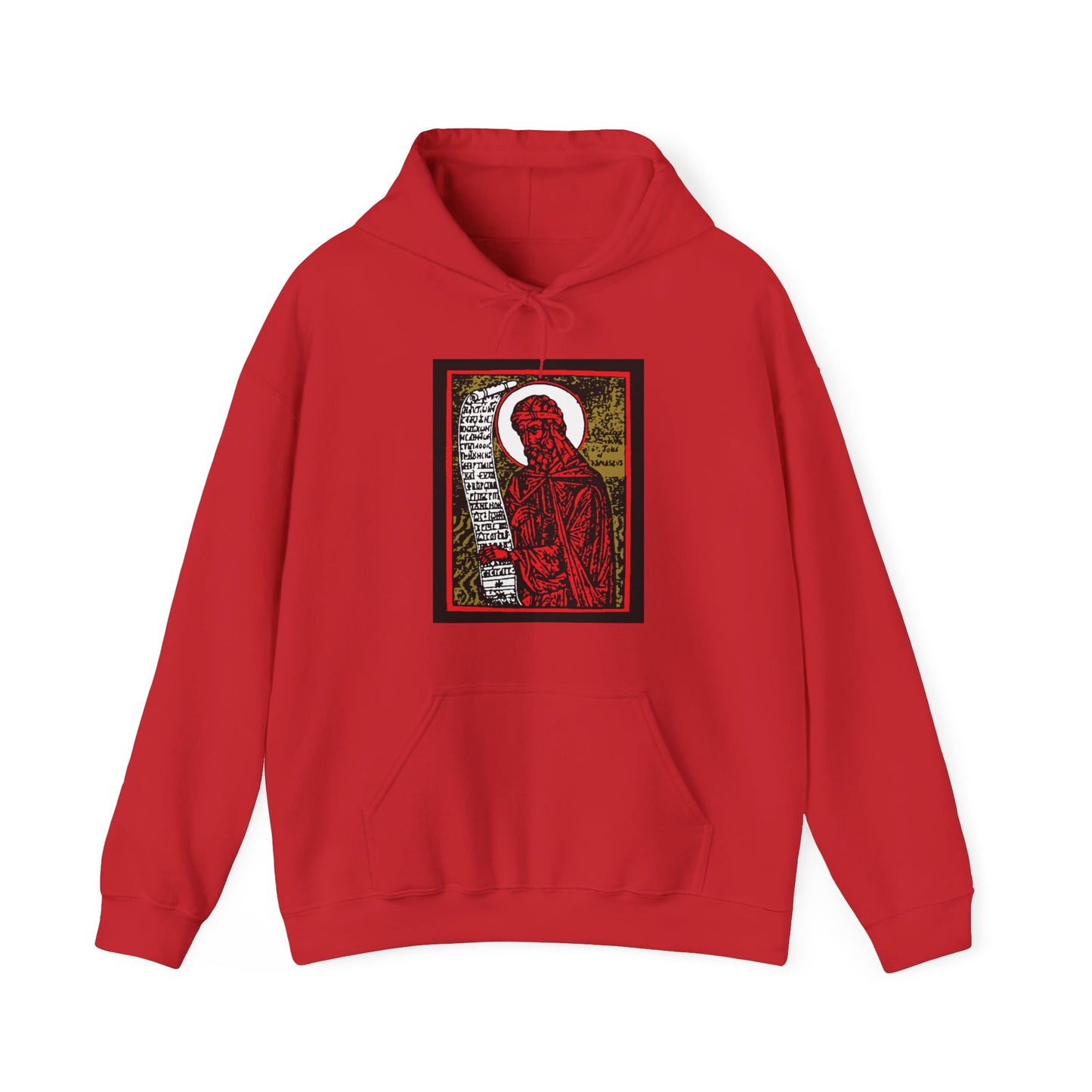 St. John of Damascus Icono-Graphic | Orthodox Christian Saint | Red Gold & Black High Contrast Design | Orthodox Christian Hoodie