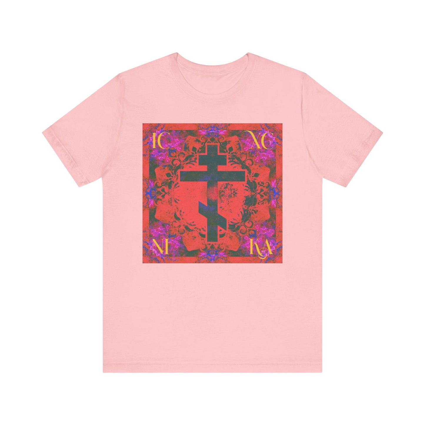 ICXC NIKA Colorful Orange Magenta Cross | Orthodox Christian Lightweight Cotton Unisex Tee in pink, featuring a striking orange and magenta cross over a red floral pattern that evokes the Saviour's sufferings, with IC XC NIKA lettering in the corners.