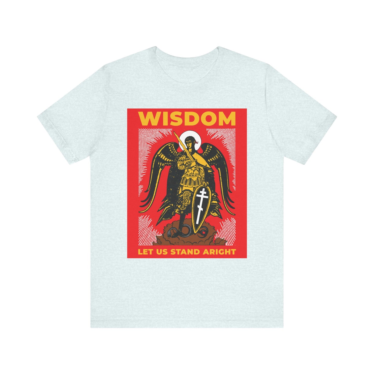 Heather Ice Blue unisex tee featuring a Russian illustration of Archangel Michael with shield and sword, and the words “WISDOM” and “LET US STAND ARIGHT,” inspired by Revelation 12’s war in heaven. Lightweight cotton.