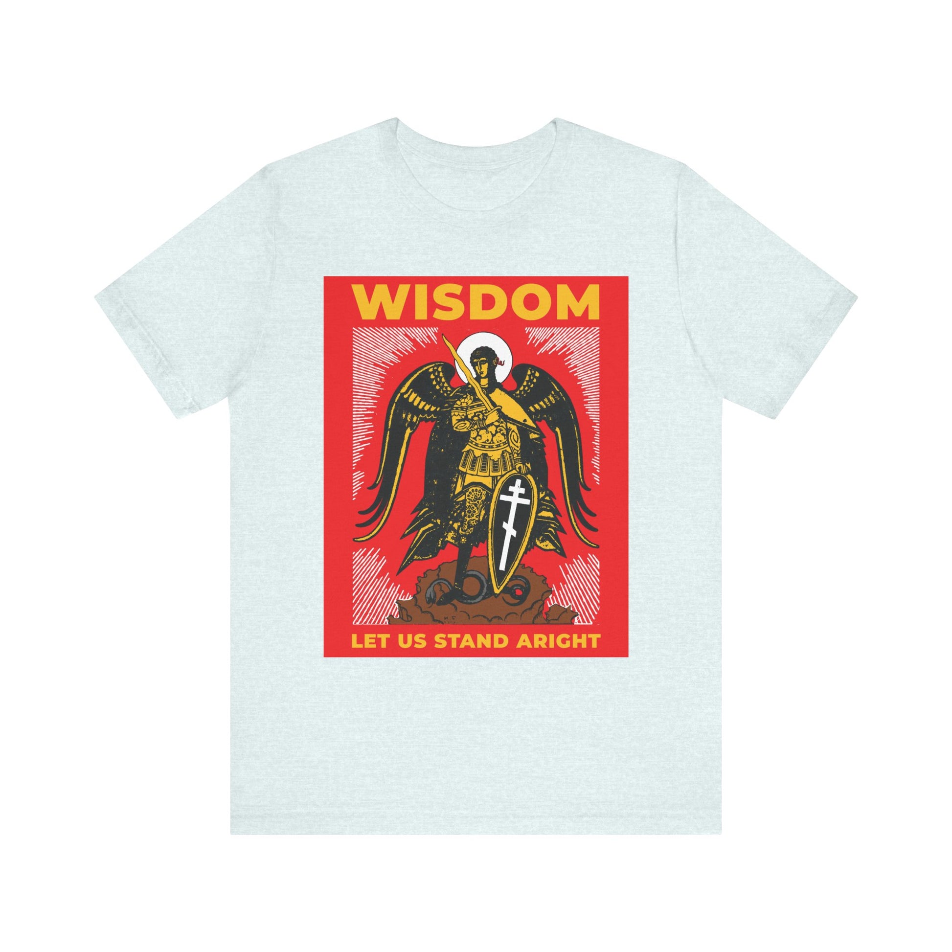 Heather Ice Blue unisex tee featuring a Russian illustration of Archangel Michael with shield and sword, and the words “WISDOM” and “LET US STAND ARIGHT,” inspired by Revelation 12’s war in heaven. Lightweight cotton.
