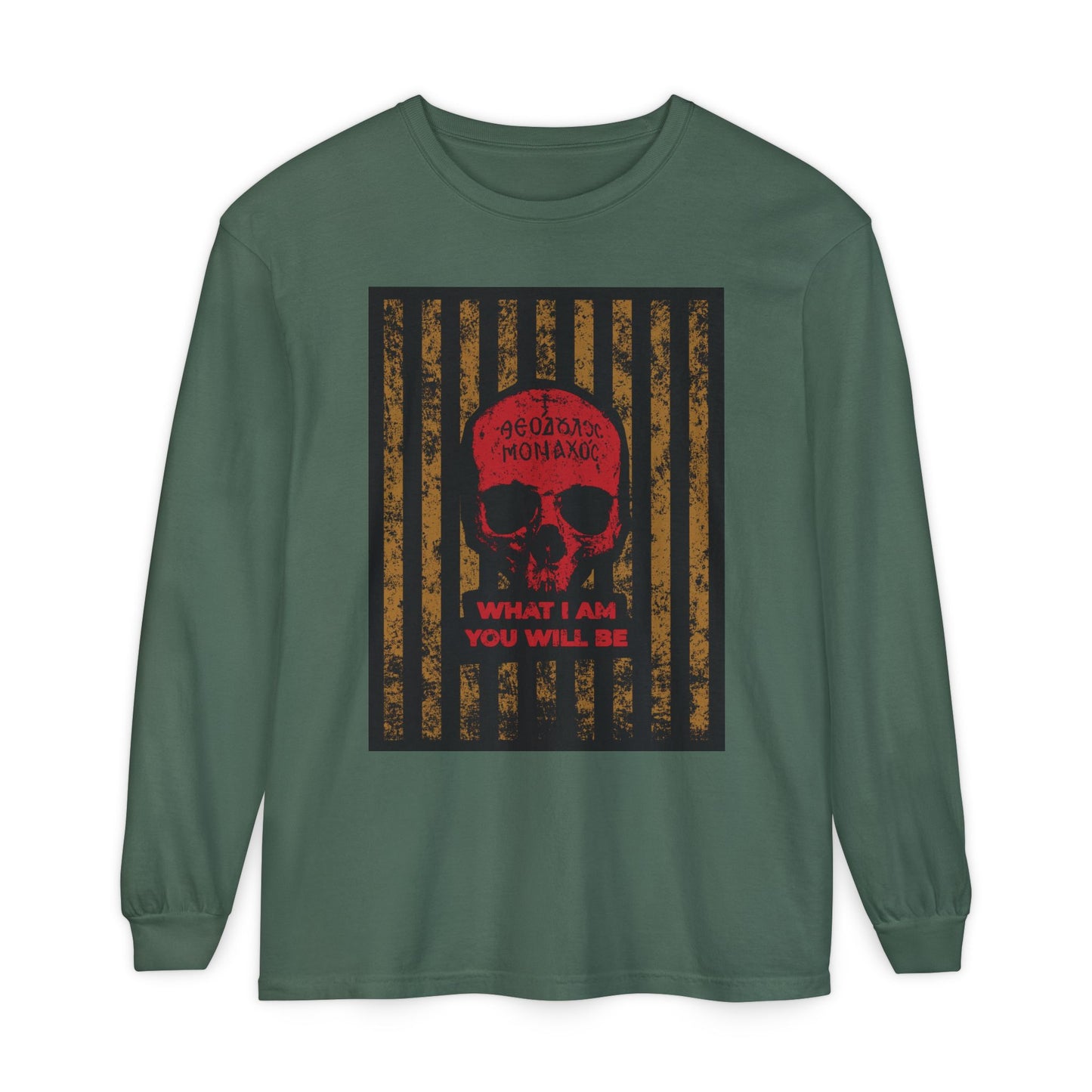 Blue Spruce long-sleeve cotton shirt featuring a Mt Athos monk skull, gold stripes, and "What I Am You Will Be"—a striking Memento Mori design inspired by ascetic ethos and remembrance of death.