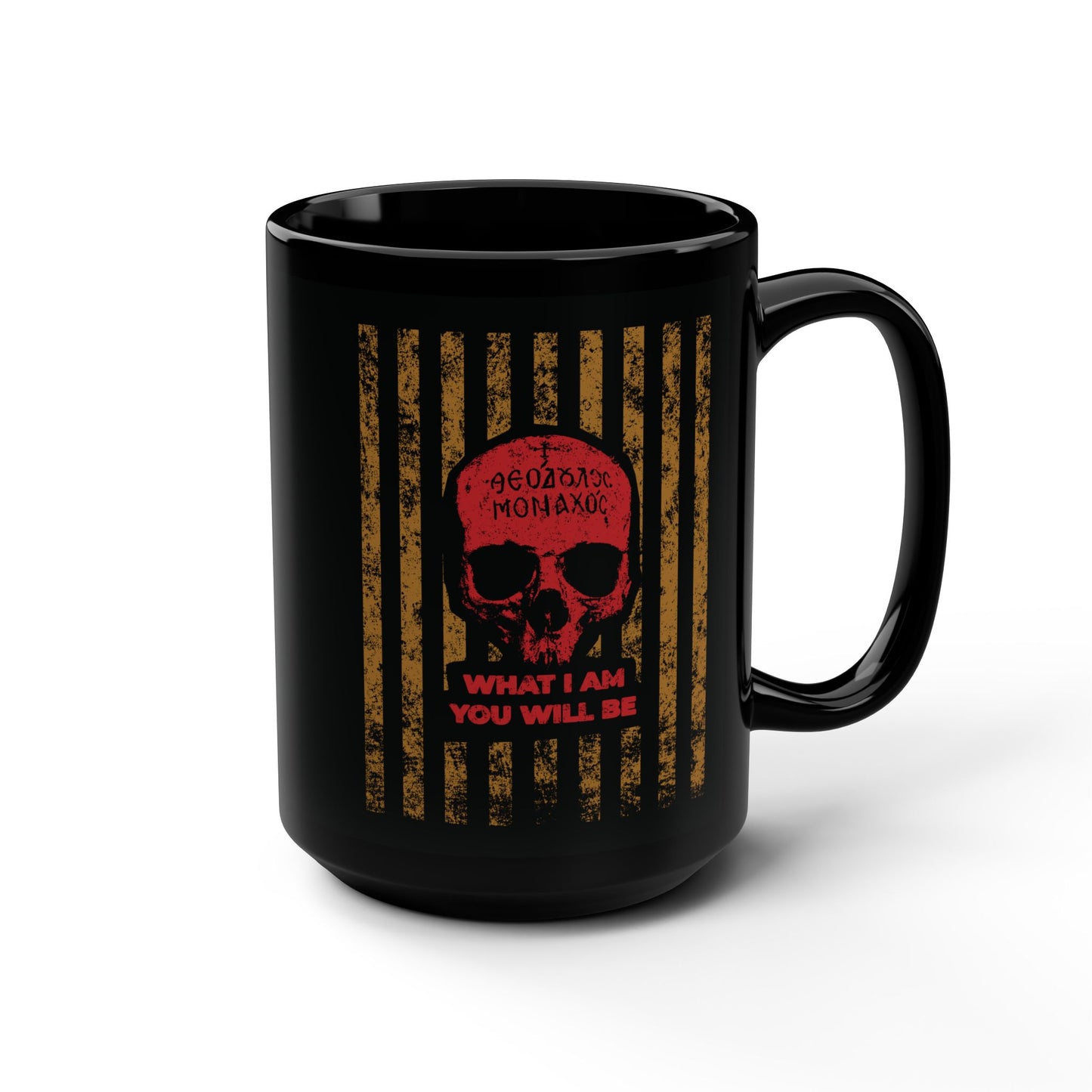 What I Am You Will Be | Memento Mori | Remembrance of Death | Mt Athos Monk Skull | Ascetic Ethos | Orthodox Christian Black Mug