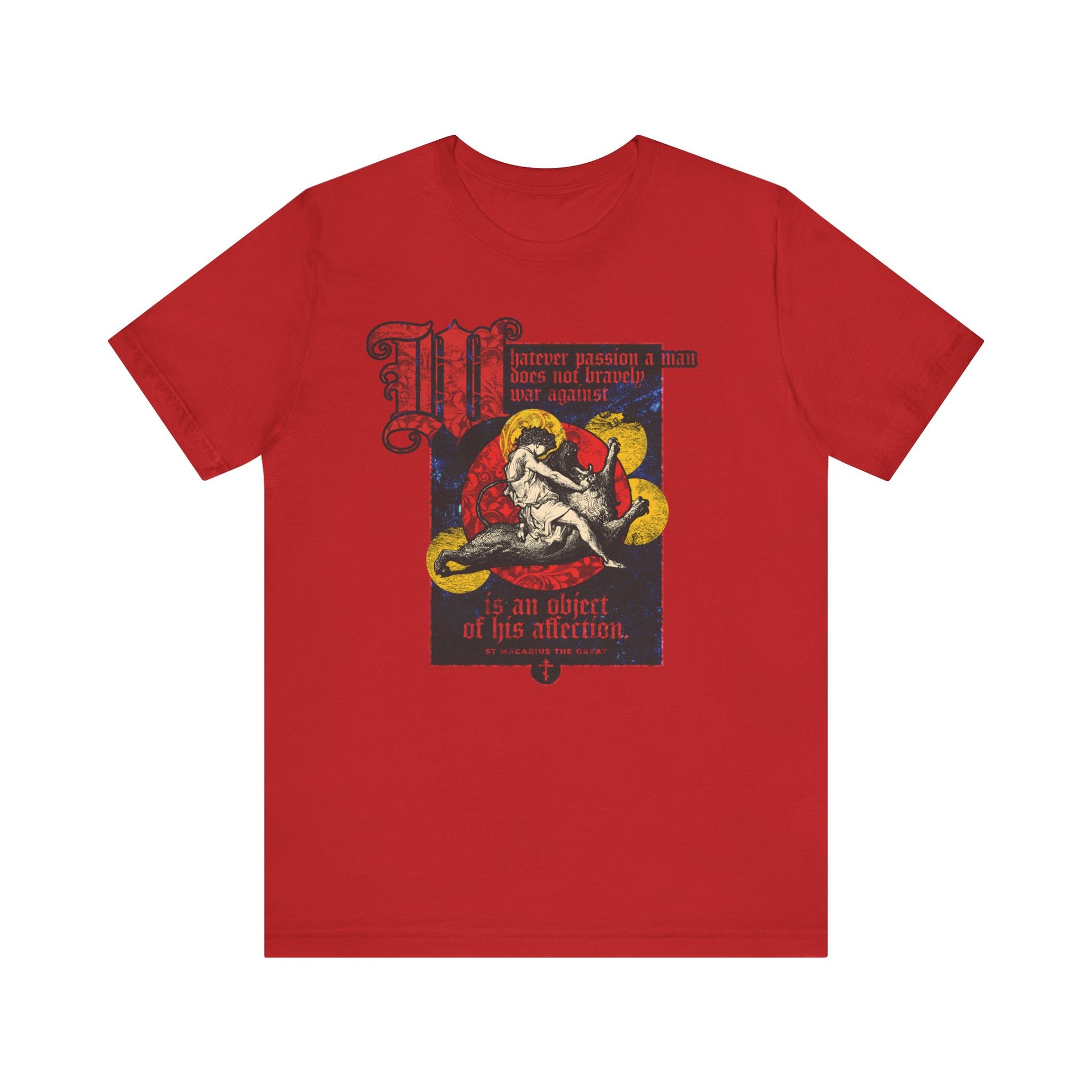 Red lightweight cotton unisex t-shirt featuring Gustav Dore’s "Samson Slaying Lion" and the quote "Whatever Passion a Man Does Not Bravely War Against" by St Macarius—bold, vintage-inspired style.
