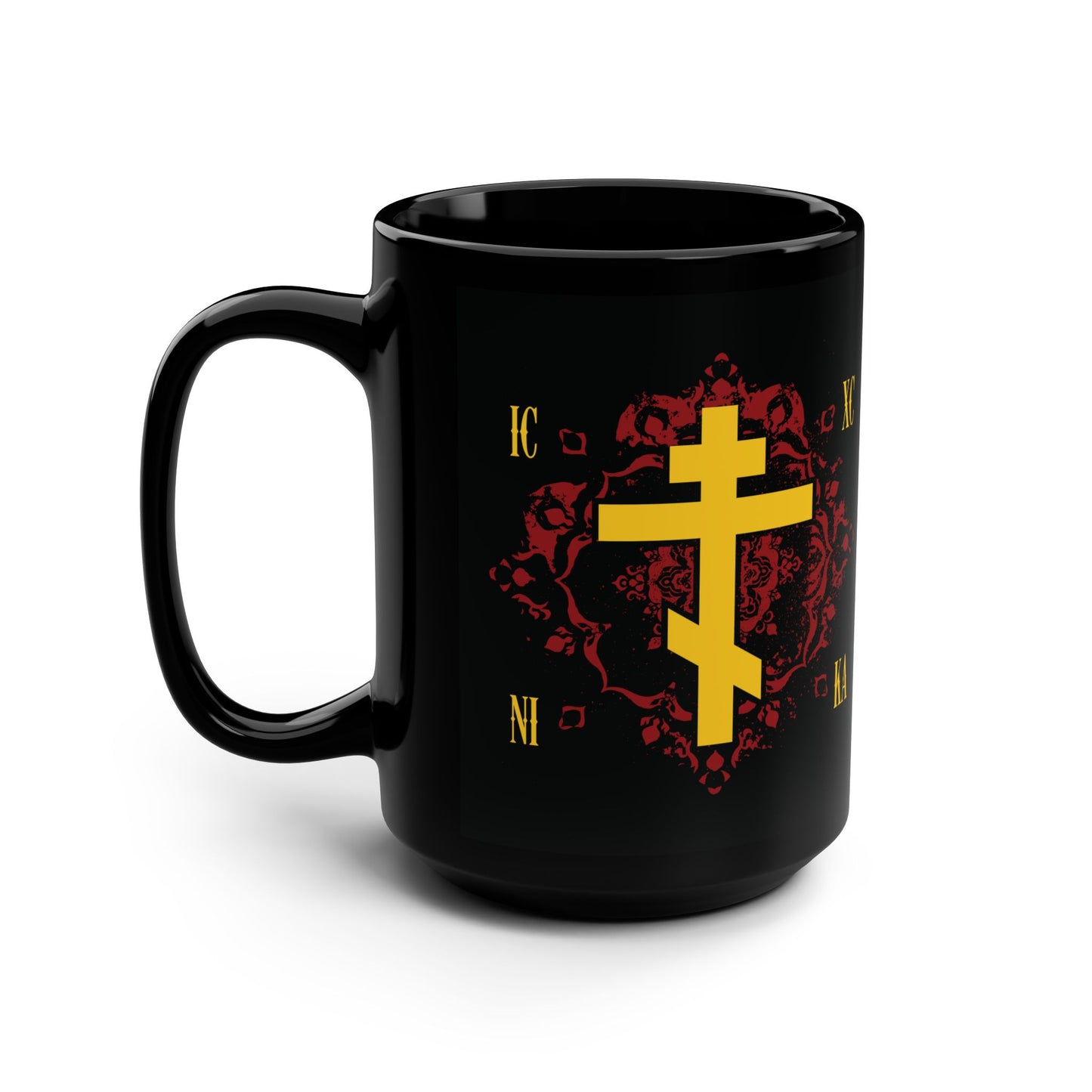 ICXC NIKA Yellow Russian Cross on Ornate Red Background Design | Jesus Christ Conquers | Orthodox Christian Black Mug