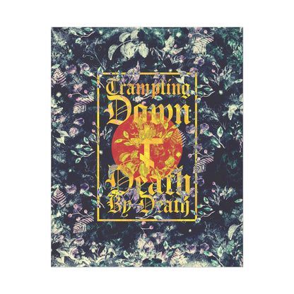 Trampling Down Death By Death | Paschal Floral Design with Gothic Script and Three-Bar Cross | Orthodox Christian Art Poster