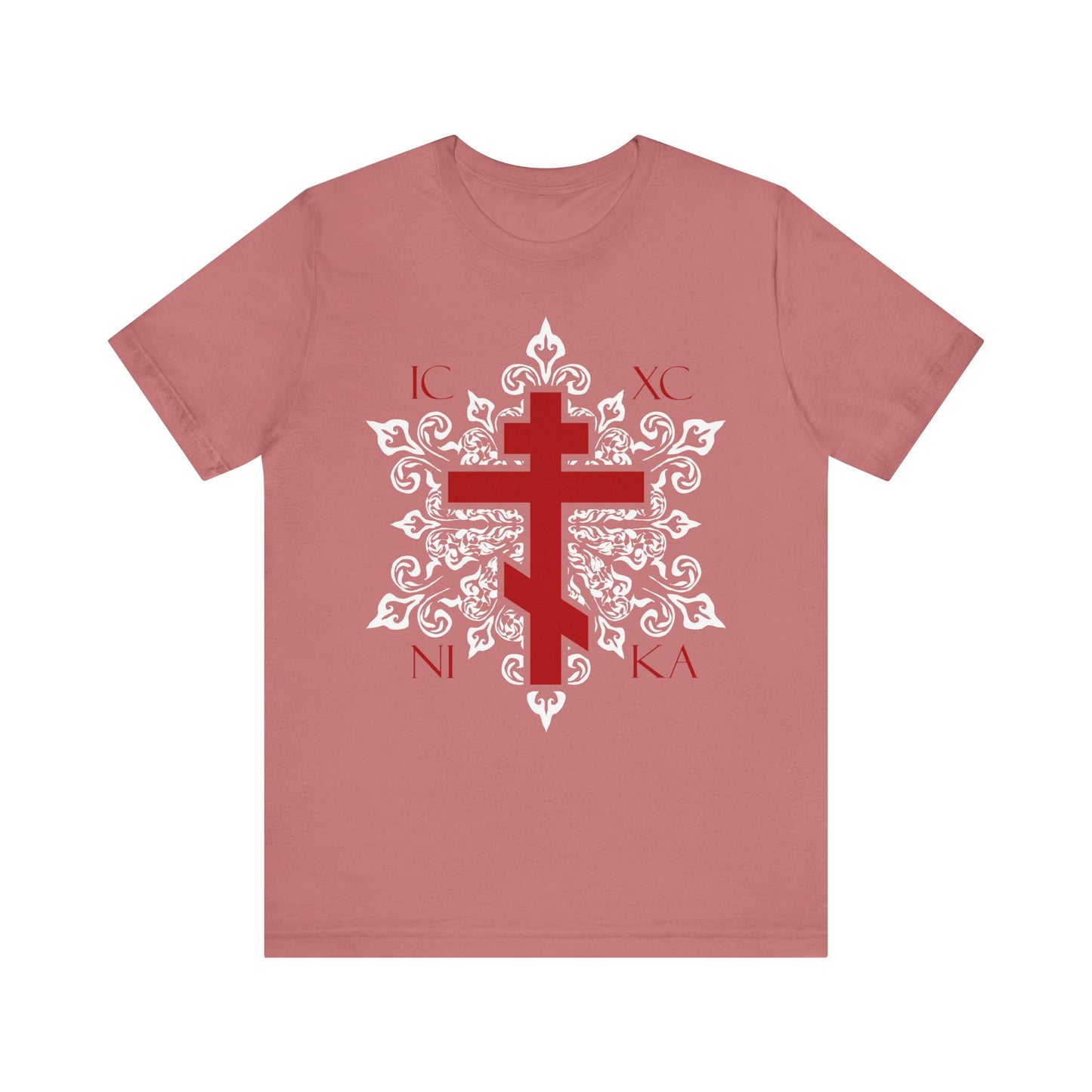 Best-selling mauve unisex tee featuring a red ICXC / NIKA Orthodox cross on ornate white medieval floral design, inspired by Eastern Christian tradition. Lightweight cotton for comfort and style.