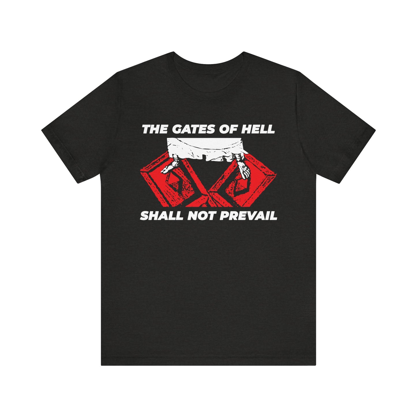 Black Heather t-shirt featuring the powerful “The Gates of Hell Shall Not Prevail” design, with Jesus’ feet trampling the Gates of Death IconoGraphic on the front—a striking Orthodox Christian statement affirming that even death cannot overpower the strength found in God’s house.
