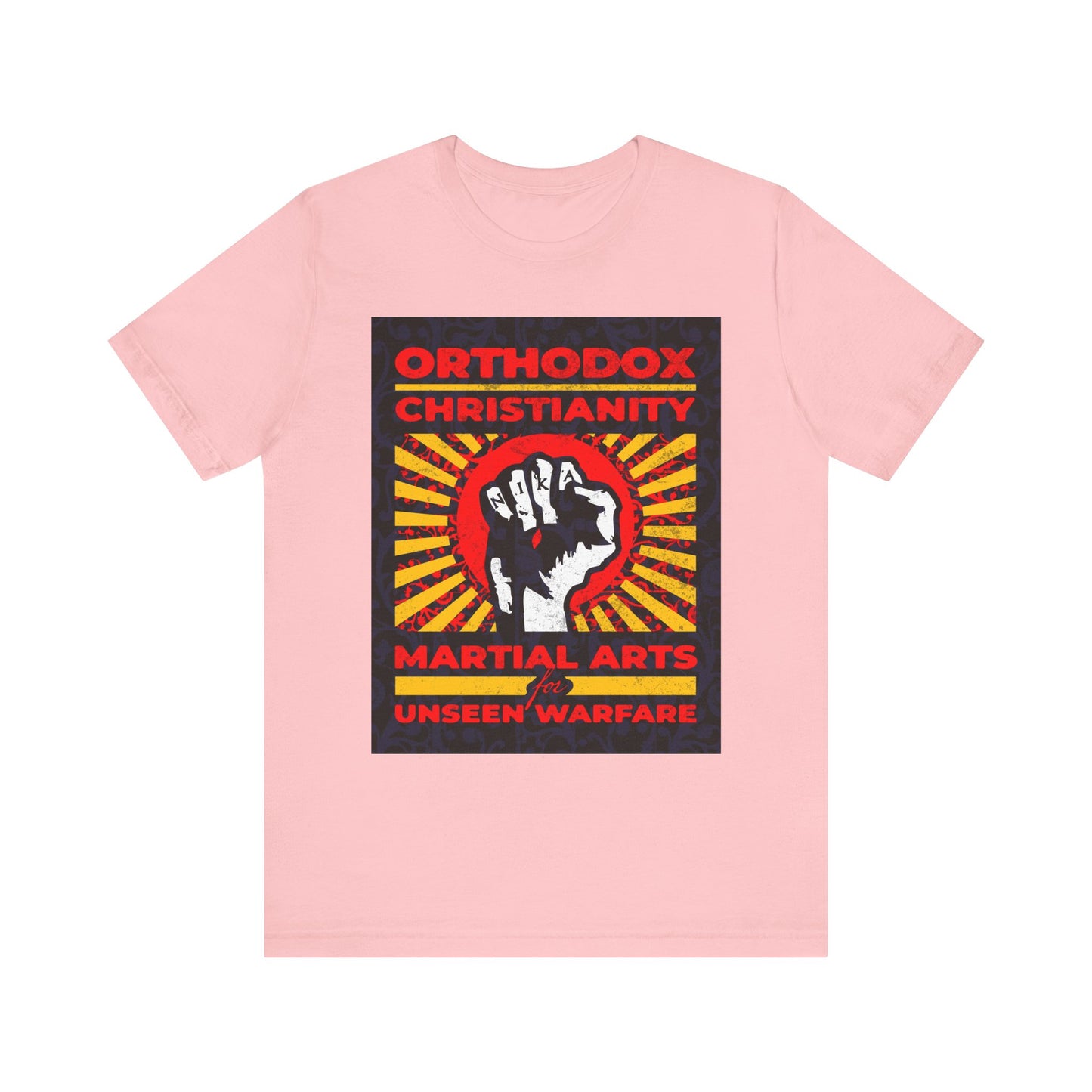 Show your faith with this pink "Orthodox Christianity: Martial Arts for Unseen Warfare" unisex tee, made from lightweight cotton and featuring the NIKA Jesus Fist on a vibrant sunburst—an eye-catching tribute to Christian virtue and spiritual struggle inspired by Archbishop Averky.