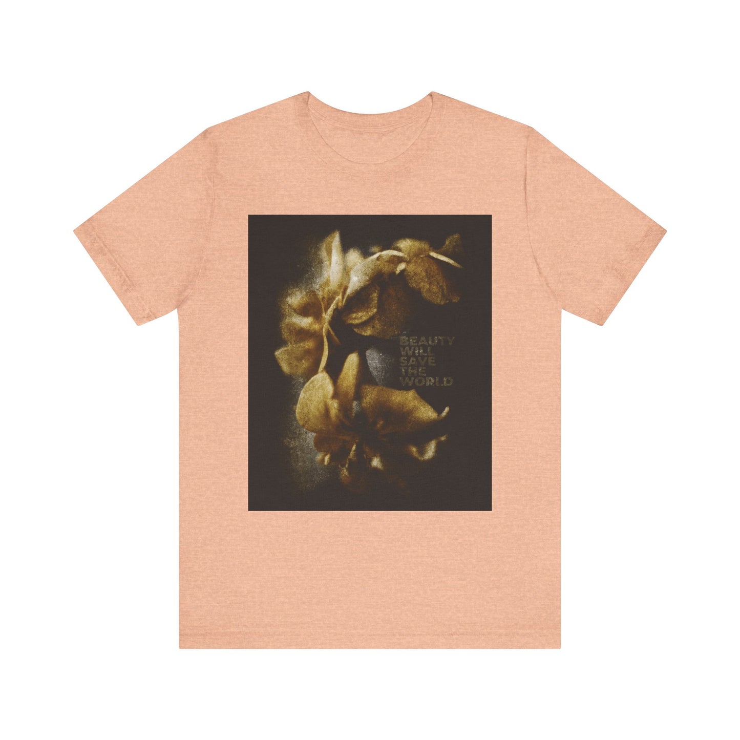 Heather peach tee featuring sepia floral artwork, “BEAUTY WILL SAVE THE WORLD” text, and original photography—celebrating Dostoevsky’s message and Jesus Christ. Lightweight unisex cotton.
