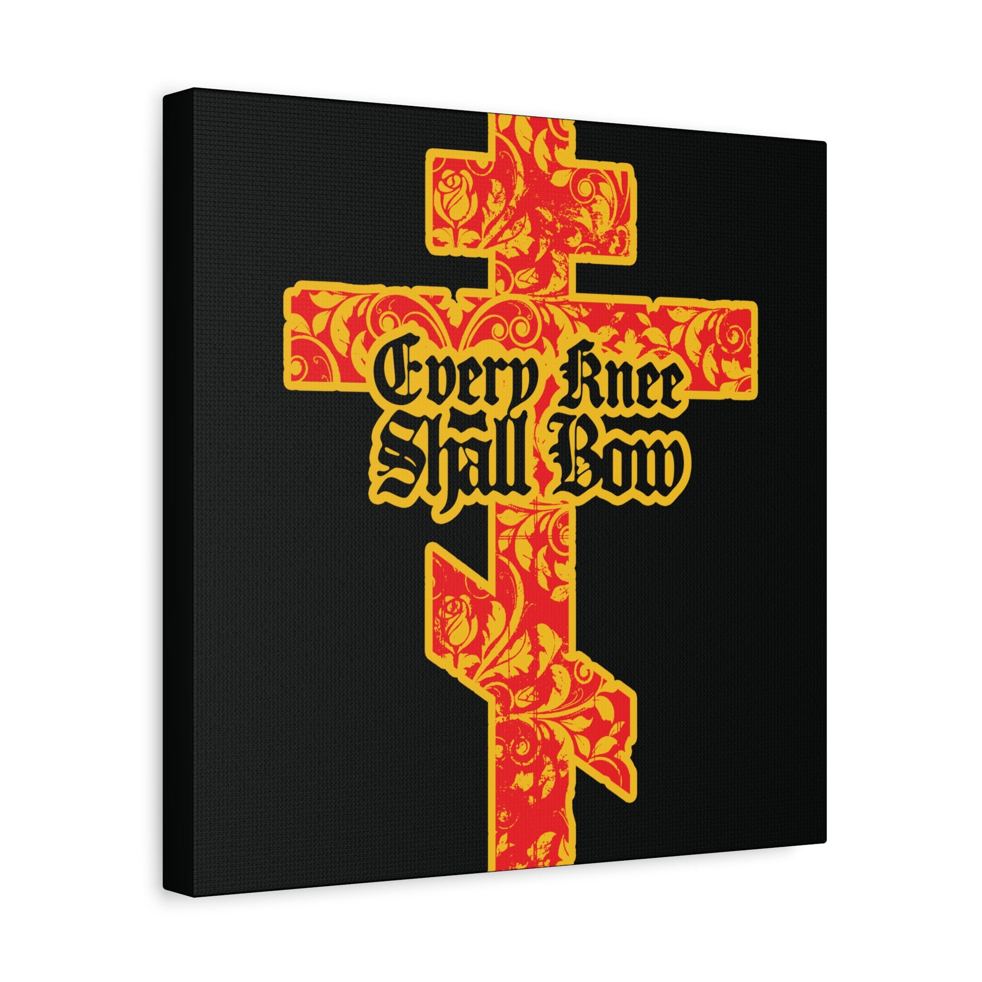 A gold and red floral Orthodox cross with Gothic lettering reading "Every Knee Shall Bow" (Isaiah 45:22-24, Phil 2:7-11) on a black background—Christian wall art symbolizing the righteousness of Jesus Christ.