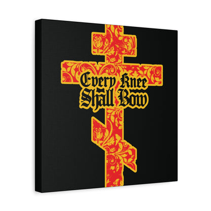 A gold and red floral Orthodox cross with Gothic lettering reading "Every Knee Shall Bow" (Isaiah 45:22-24, Phil 2:7-11) on a black background—Christian wall art symbolizing the righteousness of Jesus Christ.