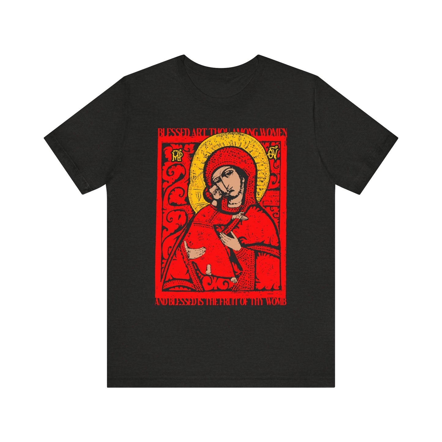 Black Heather t-shirt featuring a striking red and gold Vladimir Theotokos IconoGraphic in a Byzantine style, adorned with decorative religious text reading "Blessed Art Thou Among Women," designed for Orthodox Christians in lightweight cotton.