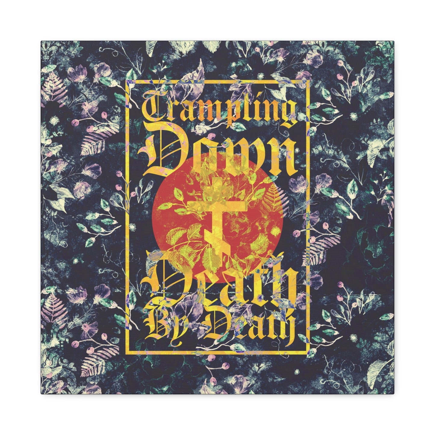 Trampling Down Death By Death | Paschal Floral Design with Gothic Script and Three-Bar Cross | Orthodox Christian Canvas Art
