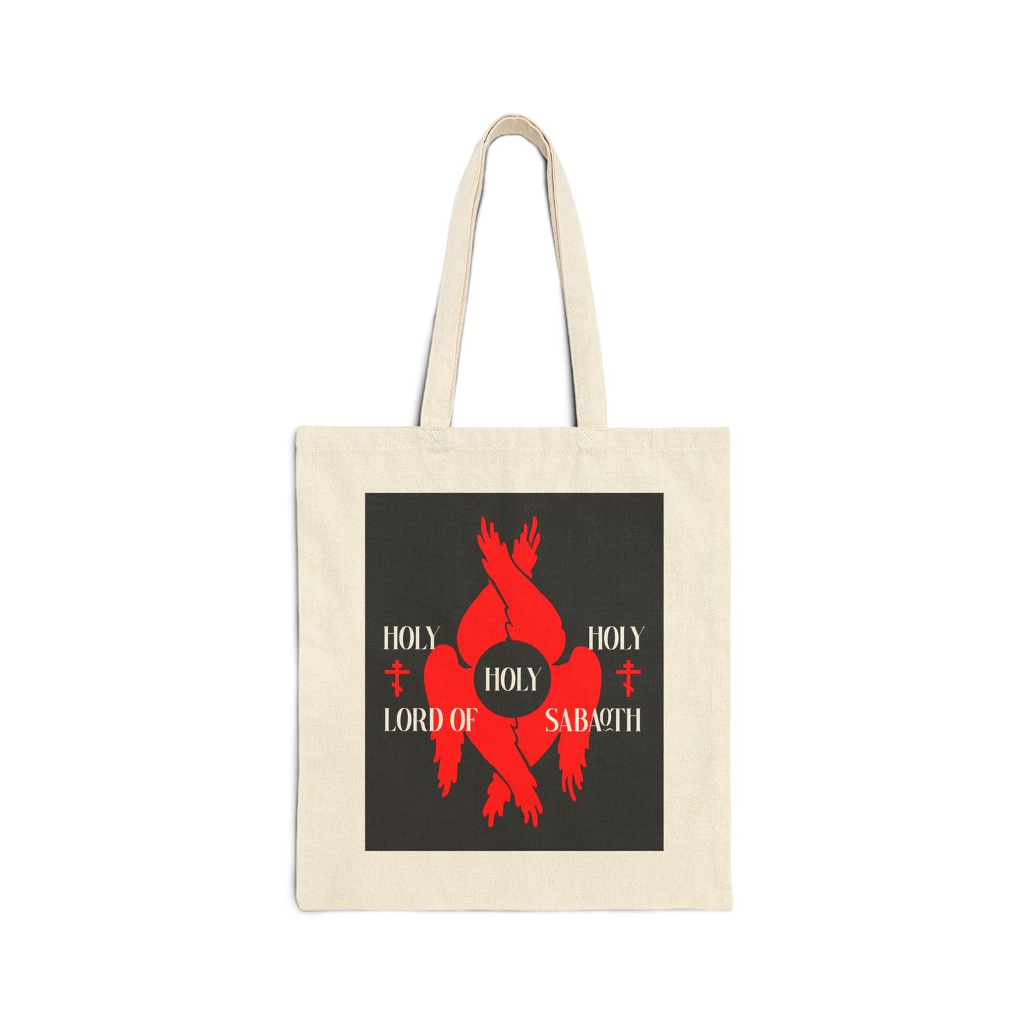 Natural cotton tote bag featuring a red seraphim with Orthodox crosses and “Holy Holy Holy Lord of Sabaoth” from Isaiah 6:3, inspired by the Divine Council.