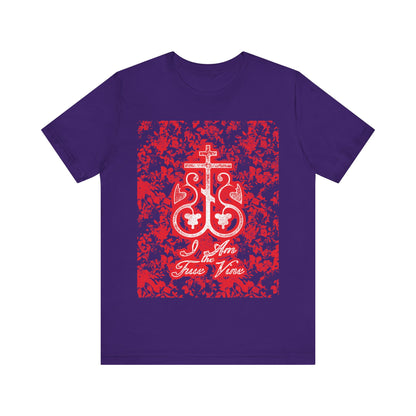 I Am the True Vine (John 15:1) | Orthodox Cross Vine Monogram | Red and Black Floral Design | Orthodox Christian T-Shirt
