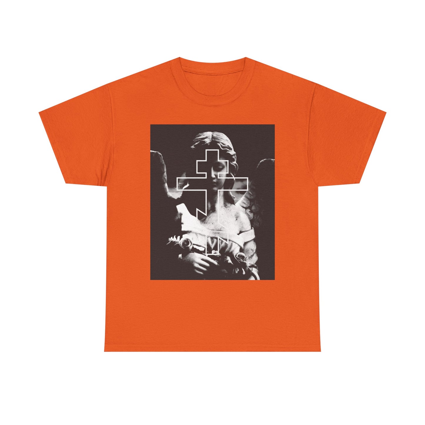 The orange Cemetery Angel Orthodox Cross tee features a grayscale goth angel and outlined cross, capturing a memento mori vibe—perfect for the devout soul.