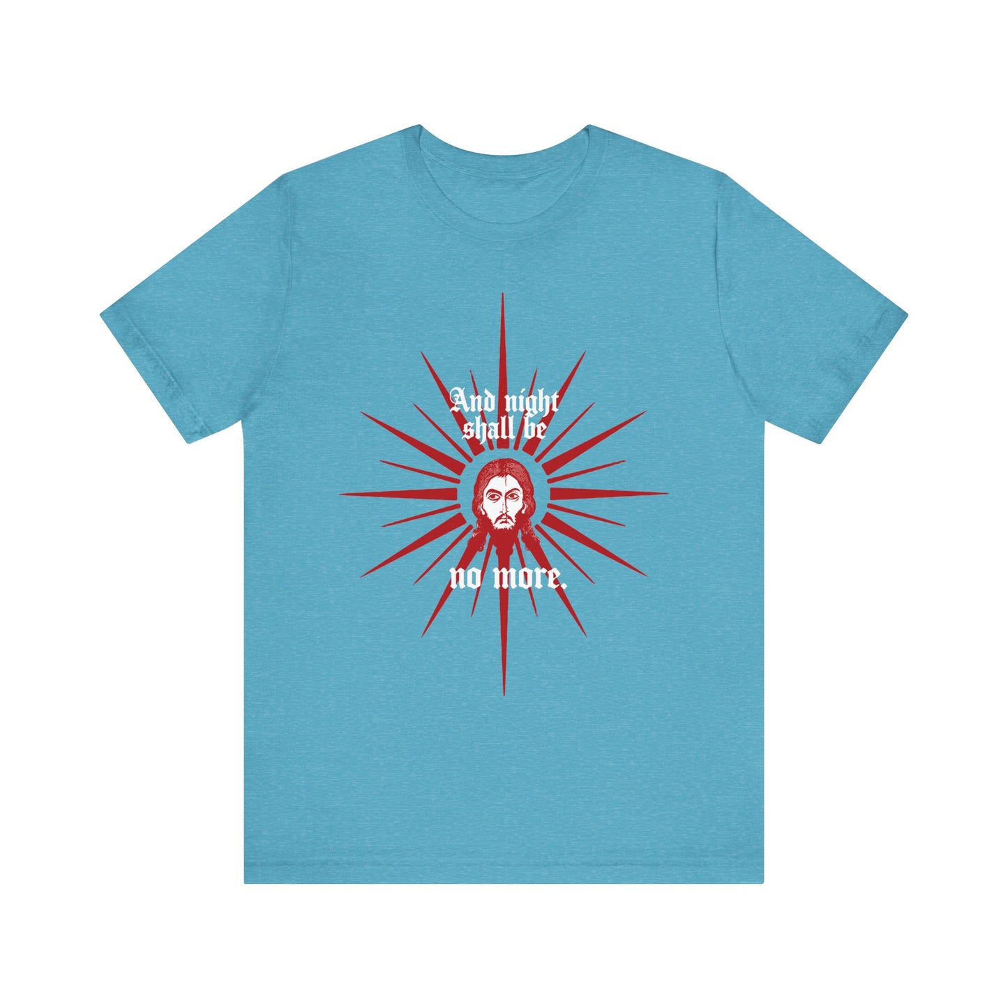 Heather Aqua tee featuring a red and white graphic of Jesus Christ’s face with text "And night shall be no more" (Rev 22:5). Orthodox, lightweight unisex cotton shirt.