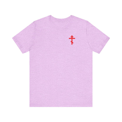 Heather Prism Lilac unisex tee featuring a small red Orthodox cross on the left chest and "Always Live In Remembrance of Death" with Crown of Thorns design on the back. Lightweight cotton, inspired by Orthodox faith.