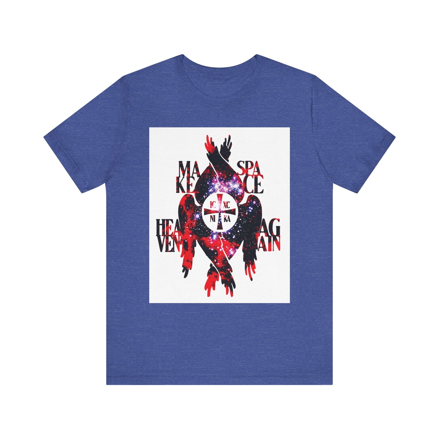 Heather True Royal unisex lightweight cotton t-shirt featuring a galaxy heart graphic with red hands, the words "Make Space Heaven Again" on the front, and a cosmic-textured ICXC NIKA cross with Seraphim wings—a celestial nod to creation and the mysteries of the seven heavens in Orthodox Christian tradition.