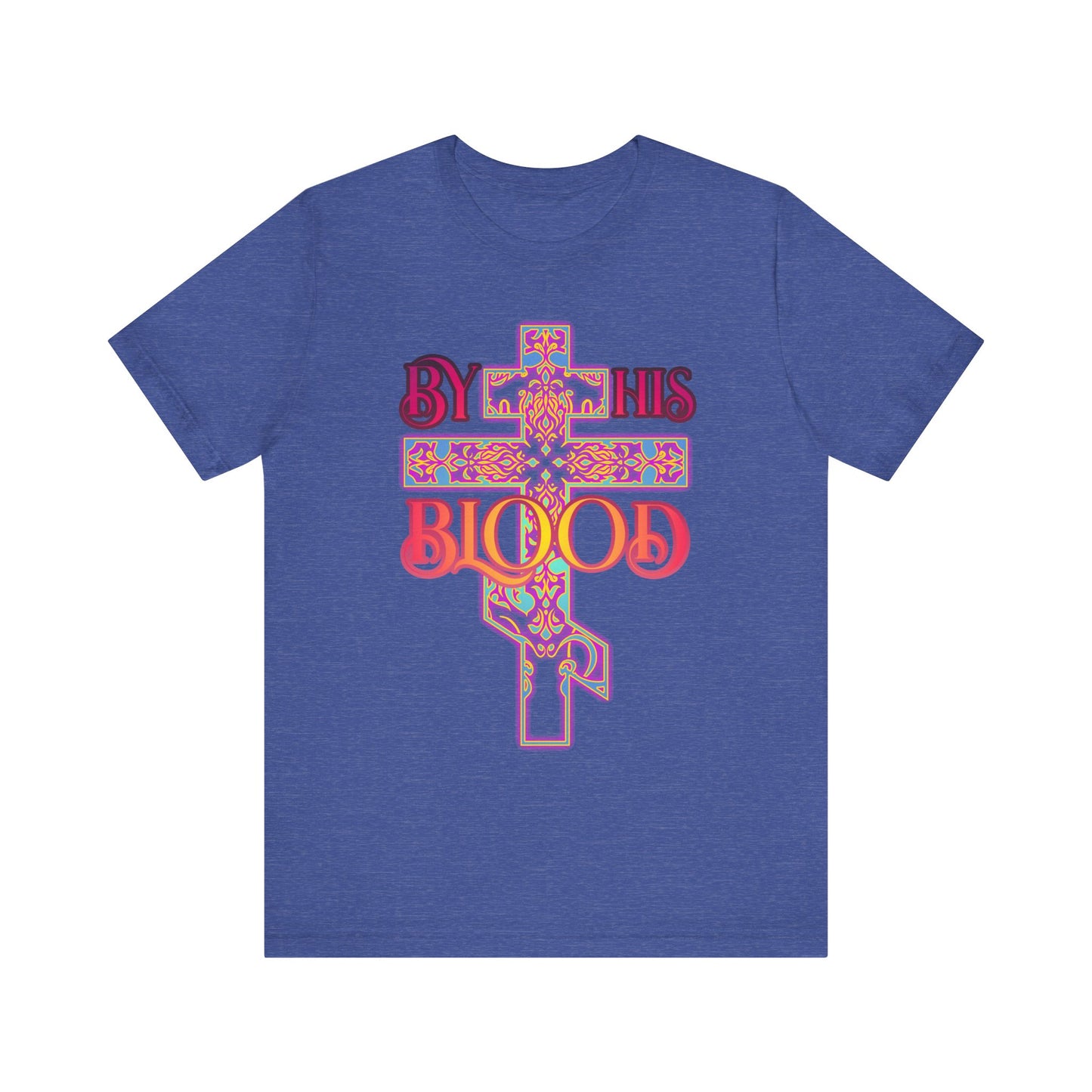 Heather True Royal tee with a glowing ornate Orthodox cross and bold red and yellow “BY HIS BLOOD” text, inspired by an 80s color scheme. A lightweight unisex Christian shirt symbolizing atonement and eternal redemption.