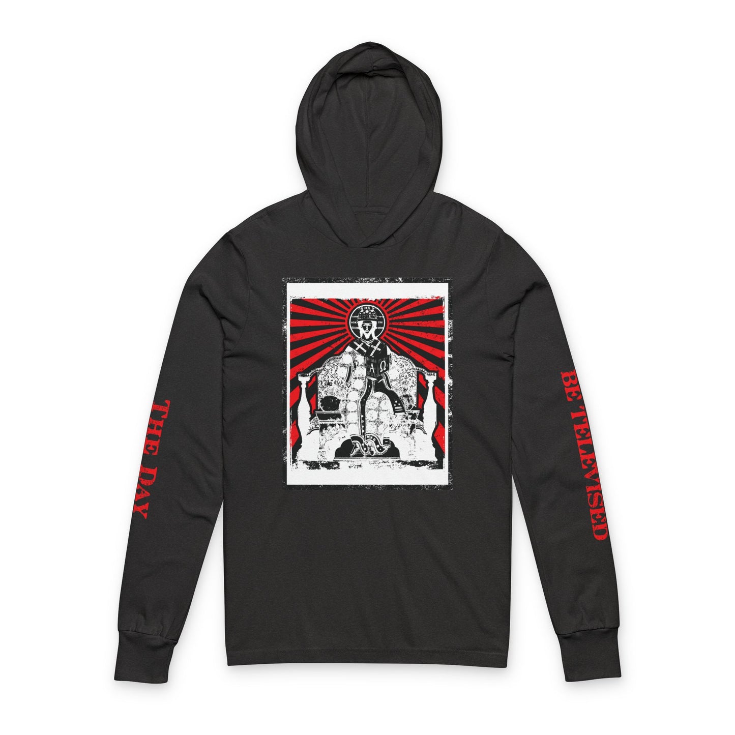 The Day of the Lord Shall Not Be Televised | Jesus Christ Iconographic with Sleeve Text | Revelation | Orthodox Long Sleeve Hooded Shirt