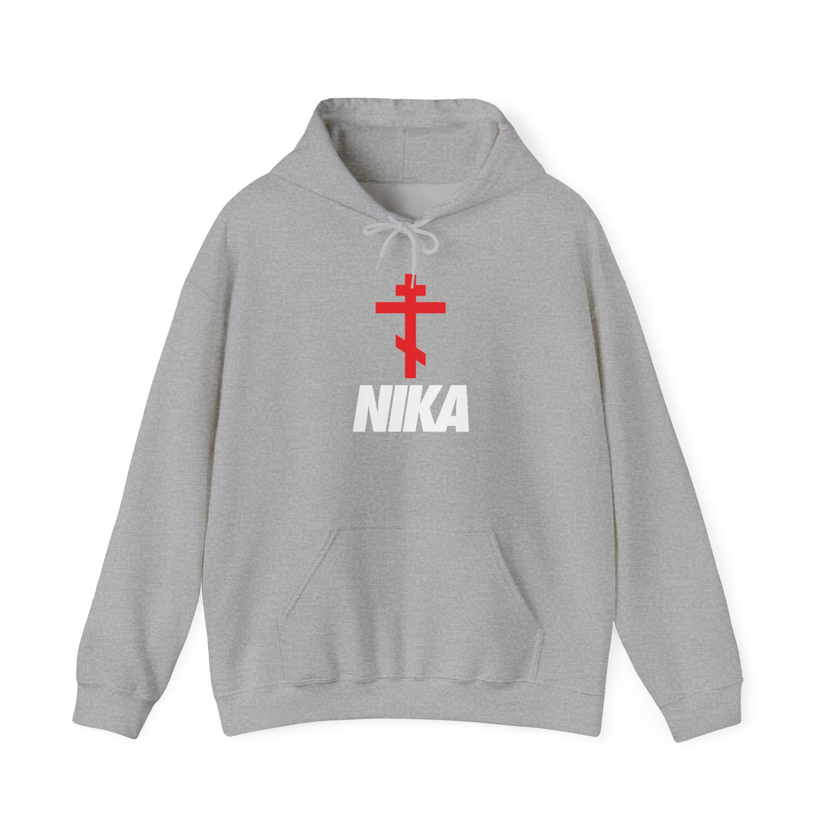 Sport Grey hoodie from the “NIKA Orthodox Cross | NIKE Logo Mashup” collection, featuring minimalist Orthodox iconography with a bold red Orthodox cross positioned above the word NIKA in striking white lettering on the front.