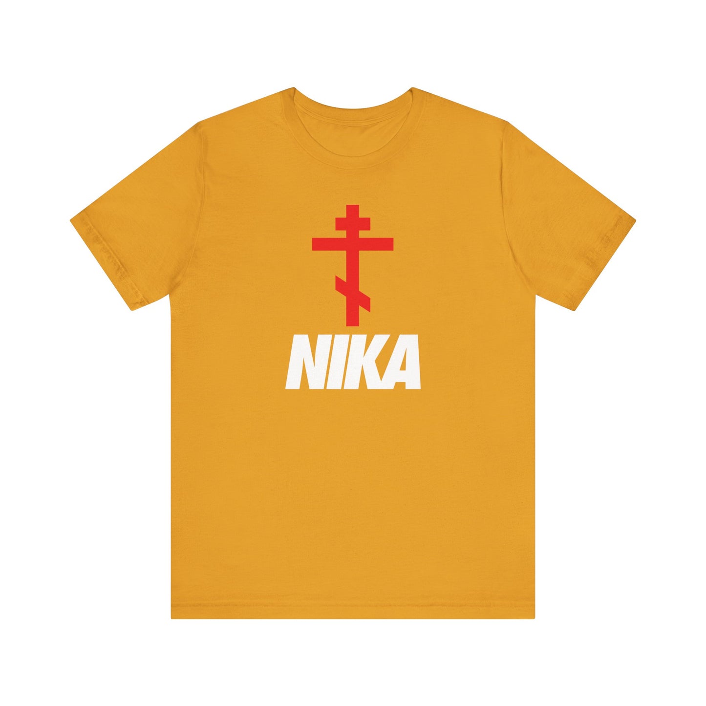 Mustard unisex tee featuring an Orthodox cross and bold NIKA text in a minimalist NIKE logo mashup, symbolizing Jesus Christ Conquers. Athletic ascetic fashion in lightweight cotton for Christians.