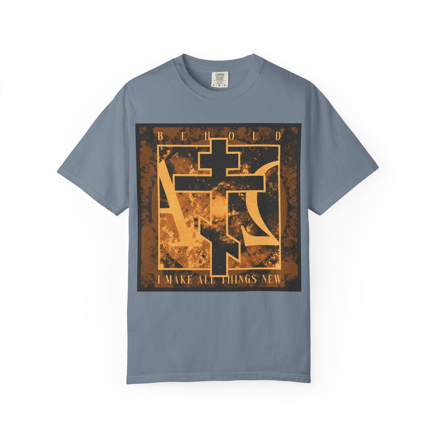 Blue Jean heavyweight cotton unisex t-shirt featuring a brown and orange Orthodox cross with Alpha & Omega background and the text: Behold, I make all things new—an inspiring reminder from Revelation 21:5 of the promise of a new heaven and new earth.