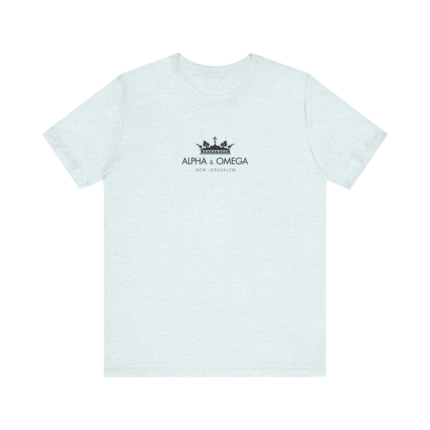 Heather ice blue unisex t-shirt featuring a black crown with Orthodox cross and "Alpha & Omega New Jerusalem" graphic, inspired by Christ the Eternal Tao. Lightweight cotton; great for Revelation/Second Coming themes.