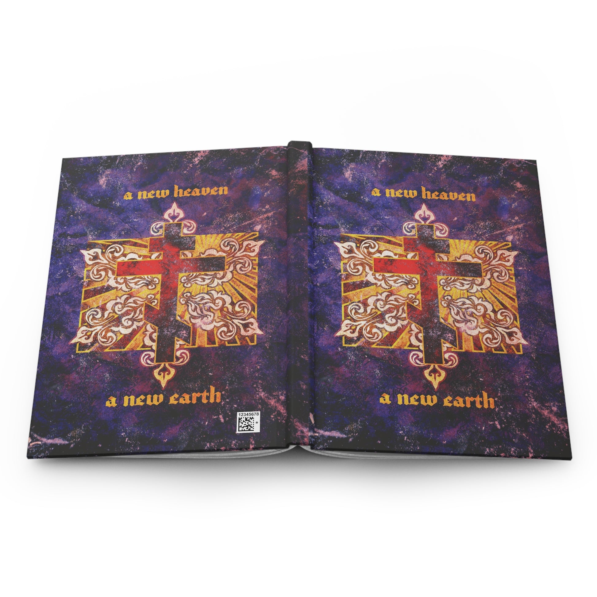 The "A New Heaven/A New Earth" Orthodox Christian journal features a red cross on a textured, ornate background with gold text, inspired by the apocalyptic KJV vision of the new Jerusalem.