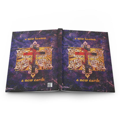 The "A New Heaven/A New Earth" Orthodox Christian journal features a red cross on a textured, ornate background with gold text, inspired by the apocalyptic KJV vision of the new Jerusalem.
