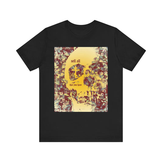 Black "Sell All That You Have" unisex tee featuring an Orthodox cross, skull and floral texture in an ascetic aesthetic design, inspired by the call to keep the commandments and seek eternal life in the kingdom of heaven. Made from lightweight cotton.